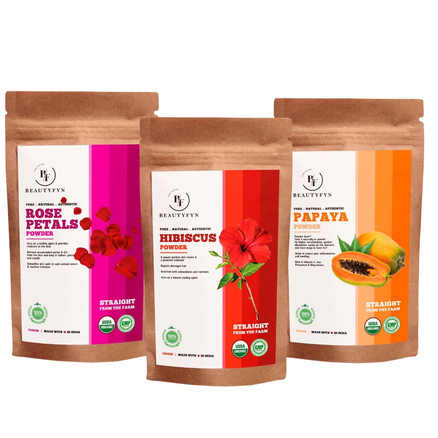 BEAUTYFYN Trio: Papaya Leaf Powder, Rose Petal Powder, and Hibiscus Powder - 150g Each