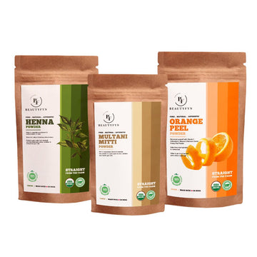 BEAUTYFYN Triple Delight: 150g Each of Multani Mitti Powder, Henna Powder, and Orange Peel Off Powder