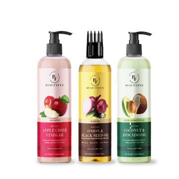 BEAUTYFYN Apple Cider Vinegar shampoo, Onion Black Seed hair Oil, & Coconut Avocado Oil Conditioner(200ml Each)