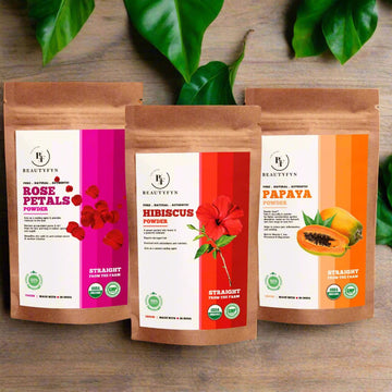 BEAUTYFYN Trio: Papaya Leaf Powder, Rose Petal Powder, and Hibiscus Powder - 150g Each