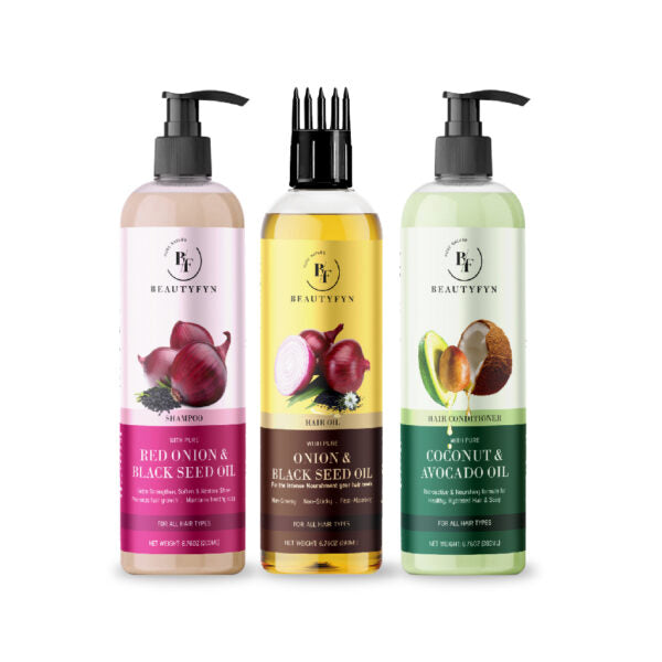 BEAUTYFYN Red Onion Black Seed Oil Shampoo, Onion Black Seed Hair Oil & Coconut Avocado Oil Conditioner (200ml Each) - BEAUTYFYN